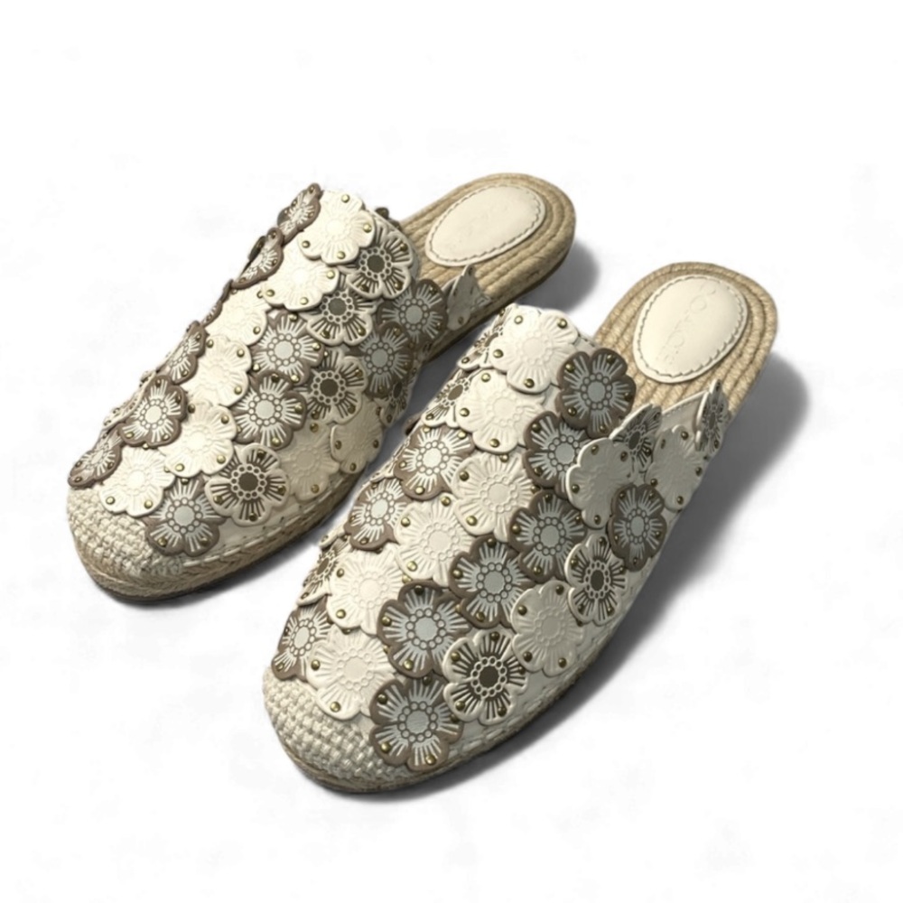 Coach Leather Cali Espadrille Slides – Tea Rose Appliqué, Women’s 9.5